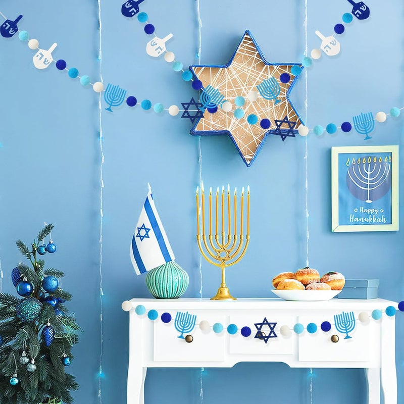 Jansun 4 Pack Hanukkah Garlands 32.8 Feet Felt Menorah Star of David Dreidel Blue White Pom Pom Garland Ornaments for Chanukkah Fireplace Wall Home Outdoor Party Hanging Decor Supplies - Image 5